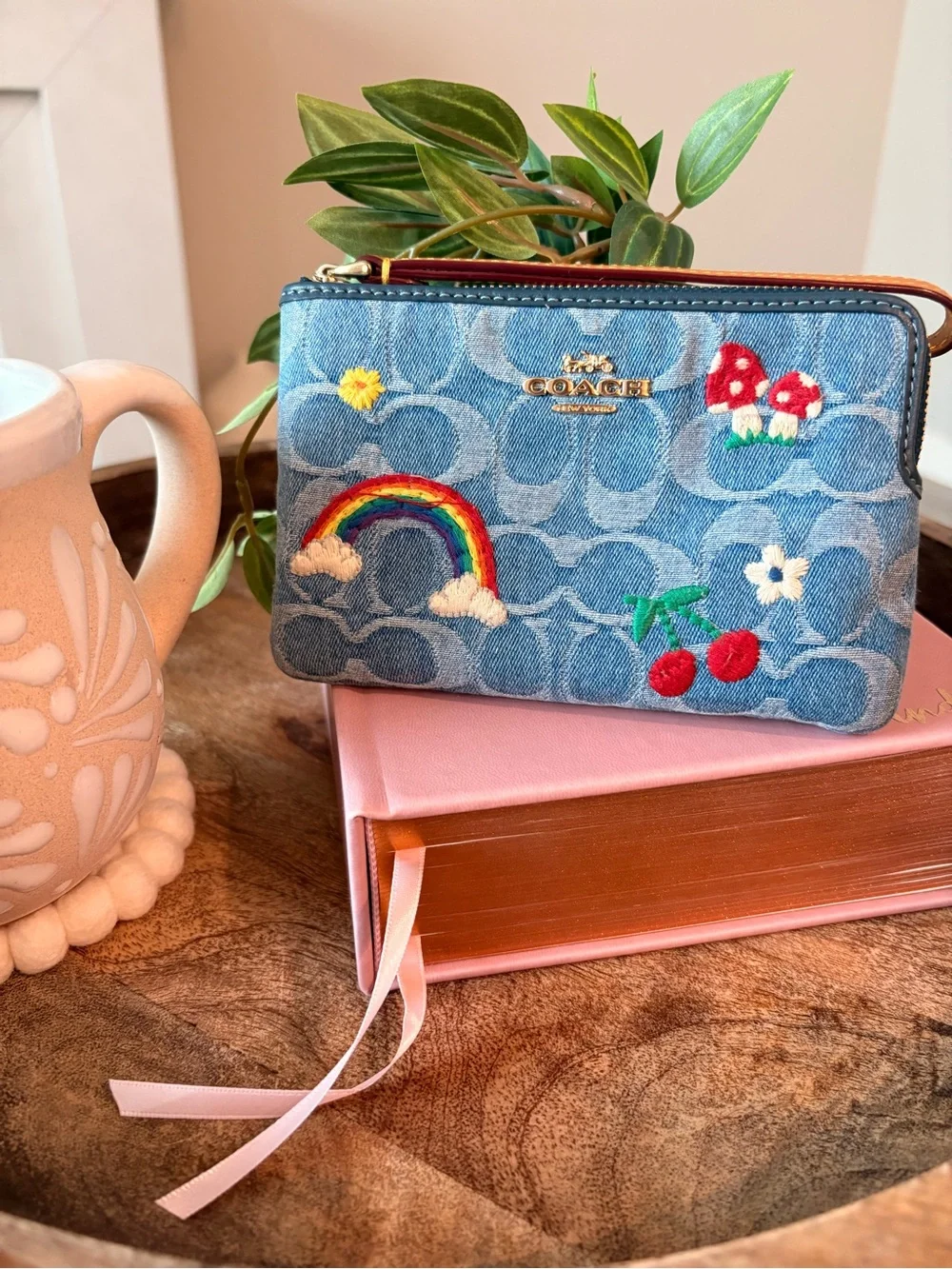 Coach Denim Pouch with Rainbow, Cherry & Mushroom Embroidery